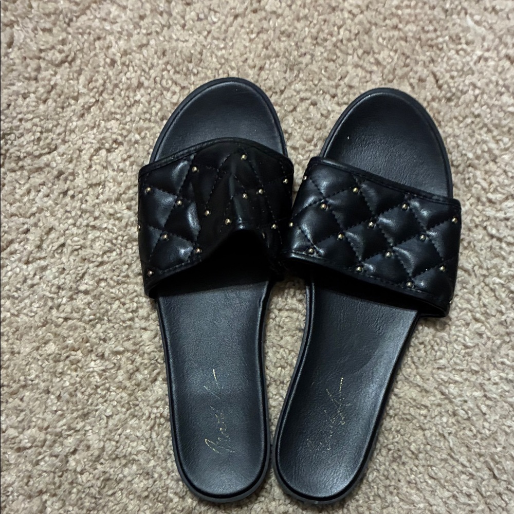 Quilted Black Slide Sandals with Gold Stud Detail